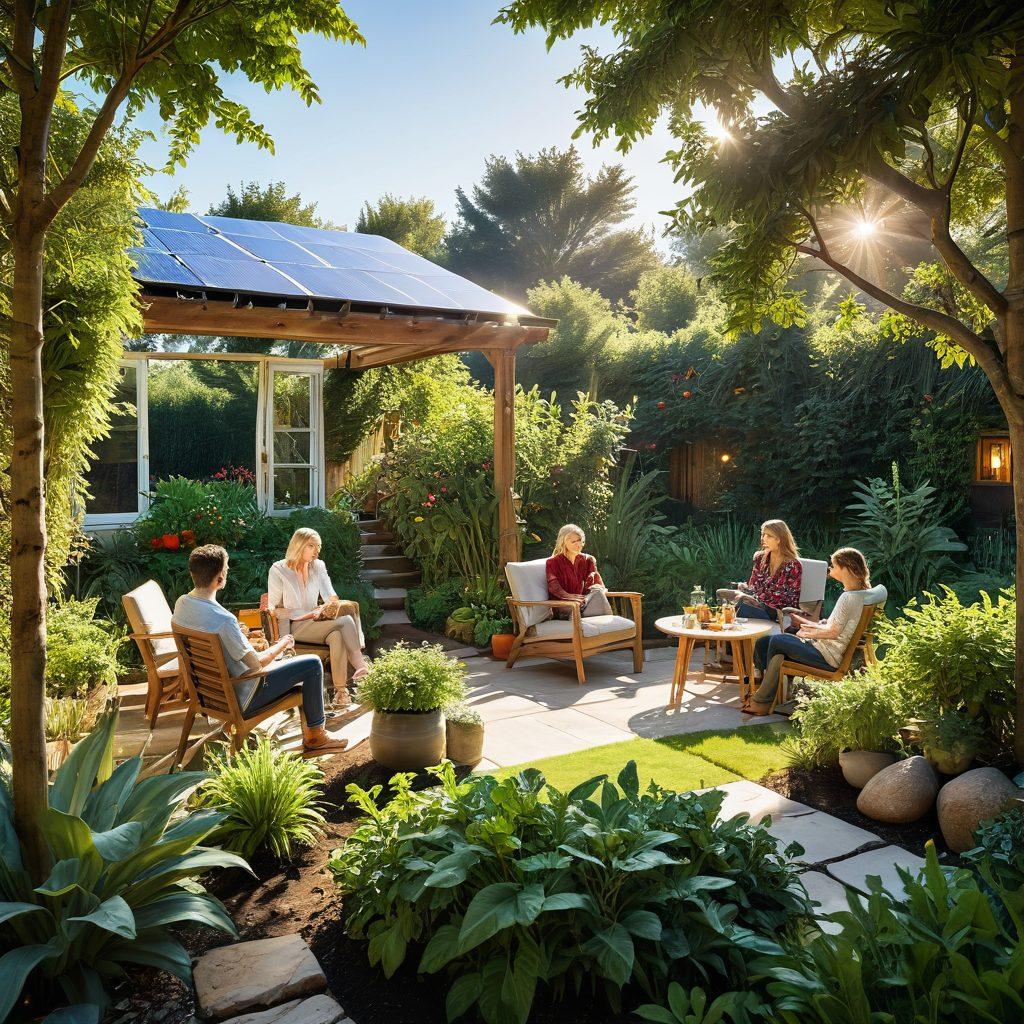 A serene landscape showcasing a lush, green garden with diverse plants, vibrant fruits, and a cozy seating area where a diverse group of people are engaging in a lively discussion. Incorporate elements like solar panels and a small organic farm in the background to highlight sustainable living. Soft sunlight filtering through trees to create a warm and inviting atmosphere. super-realistic. vibrant colors. peaceful setting.