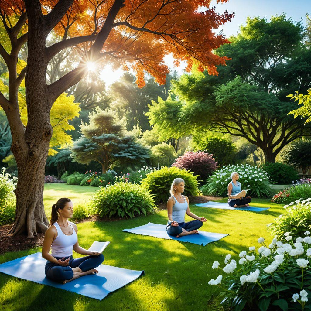 A serene landscape depicting a diverse group of mature adults engaged in various activities such as yoga, gardening, and reading, symbolizing personal growth and tranquility. Incorporate elements of nature like blooming flowers and mature trees, with soft, warm sunlight filtering through the leaves. Include subtle icons representing wellness trends like meditation and healthy eating. The mood should evoke a sense of peace and fulfillment. vibrant colors. super-realistic.