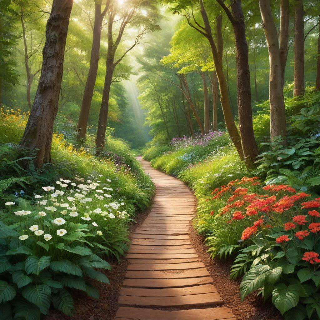 A serene pathway winding through a lush green forest, symbolizing personal growth, with vibrant flowering plants on the sides. A diverse group of adults of varying ages and backgrounds walking together, engaging in deep conversations, illustrating community support. Soft sunlight filtering through the trees, creating a warm and inviting atmosphere. Enhancements such as subtle arrows indicating growth direction and inspirational quotes in the background. super-realistic. vibrant colors.
